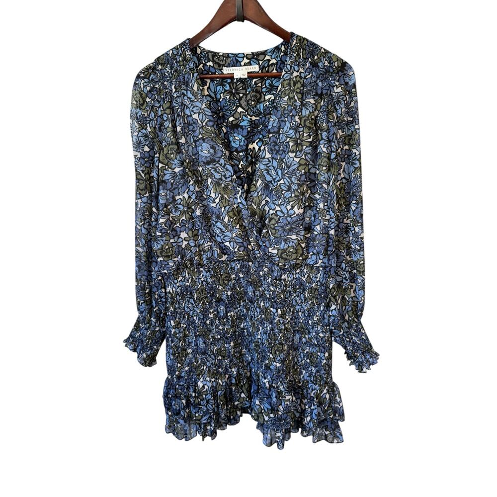 VERONICA BEARD Saera Floral Minidress Dress Size 14 Blue Multi Smocked Romantic - Picture 2 of 11